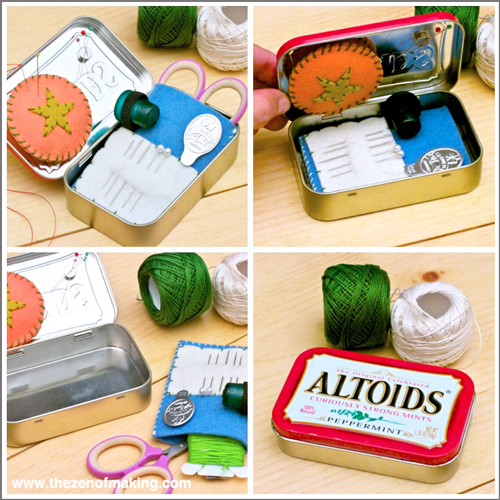 I use a mini altoids tin for a portable sewing kit. Contents in
